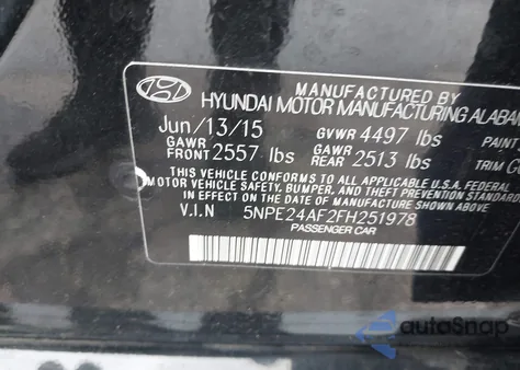 2015 Hyundai Sonata Se from USA, damaged, VIN 5NPE24AF2FH251978